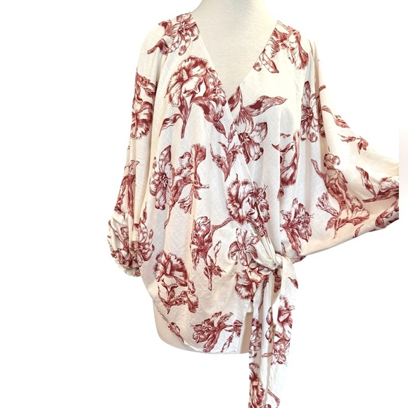 Zara Wrap Kimono Top Linen Blend Red White Toile Floral Print Puff Sleeve Large - Picture 9 of 12